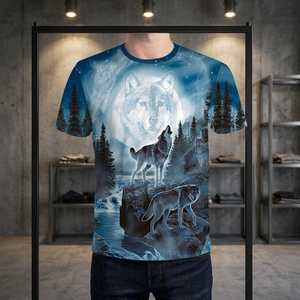 T-shirt pour homme à manches courtes, col rond, imprimé lune et loup, décontracté, respirant, en polyester, coupe classique, design imprimé photo - Product Image 6