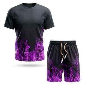 High Quality Men's Purple <b>Flame</b> T-<b>Shirt</b> Shorts Set Crew Neck Quick Dry Sporty Summer Activewear 100% Polyester Sublimation Print - Product Image 1