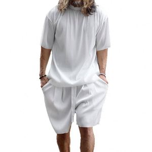 Men's Plus Size Light Blue <b>Knitted</b> Casual Short Sleeve T-Shirt and Shorts <b>Set</b> Summer Wear Solid Color Comfortable Loose Fit - Product Image 4