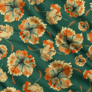 Tela de Algodón Orgánico Transpirable Color Verde Azulado Hibisco Tropical, Estampado Digital Floral Acuarela, Oasis Esmeralda, Ligera - Product Image 1