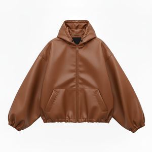 Hoodie en cuir grande taille à épaules tombantes, couleur bordeaux, style motard, sportswear, fermeture éclair, hip-hop, hoodies en cuir japonais - Product Image 6