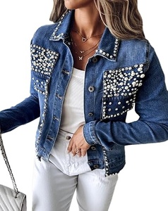 Veste en jean unie à col rabattu, style décontracté, boutonnage simple, décoration perlée, coupe classique, pour le printemps - Product Image 6