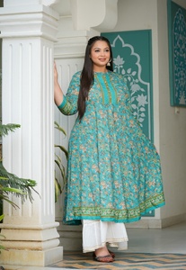 Women's <b>Plus</b> <b>Size</b> Polyester Anarkali Kurti Green Floral Printed Mandarin Collar Three Quarter Sleeves Comfortable Daily Wear - Product Image 6