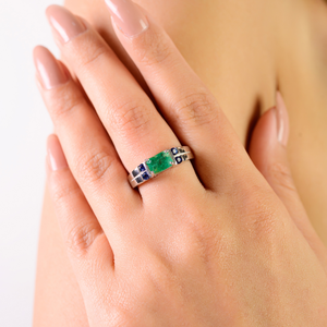 Handcrafted Octagon Emerald & Round Blue Sapphire 925 Sterling <b>Silver</b> Statement Gemstone Band <b>Ring</b> for <b>Man</b> & Women - Product Image 4