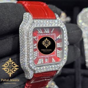 Reloj Mecánico con Esfera Roja, Caja Cuadrada, Bisel de Diamantes, Correa de Cuero, Números Romanos, Estilo Joyería - Product Image 3