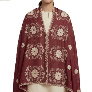 Wholesale Women Maroon <b>Chiffon</b> Cream Floral Embroidered Headscarf Shawl Lightweight Breathable Long Wrap All Season <b>Scarf</b> Bulk - Product Image 4
