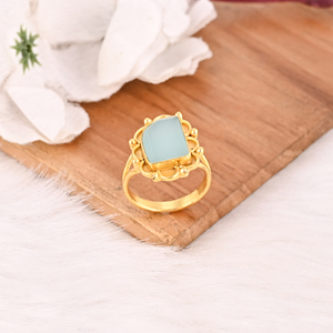 Bague tendance en laiton plaqué or avec calcédoine aqua pour femme, bijou de mode pour mariage et fiançailles - Product Image 3
