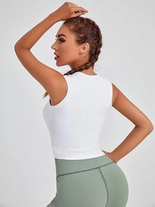 Débardeur court décontracté sans manches à col rond pour femme, couleur unie, tricoté, respirant, avec logo frontal, idéal pour la gym - Product Image 3