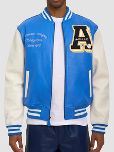 เสื้อแจ็คเก็ตหนัง Avirex American League Champions สีน้ำเงินและสีขาวแบบ Bomber - Product Image 3