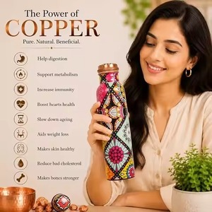Handmade Pure Copper Yoga Thermos Design Water <b>Bottle</b> 600/900ml Health Ayurveda High Quality Printed Straw Double Wall - Product Image 2