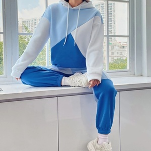 Conjunto de Sudadera con Capucha y Bloques de Color para Mujer, Manga Larga, Corte Holgado, Chándal con Bolsillos Laterales, Azul y Blanco, Estilo Casual de Otoño - Product Image 1