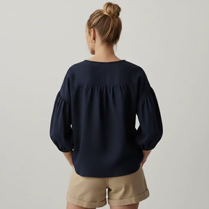 Women's Casual Linen Short Shirt with <b>Balloon</b> Sleeves Spring Summer Washable Simple Design - Product Image 4