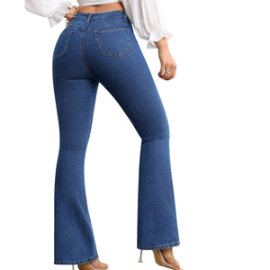 Mid <b>Waisted</b> Flare <b>Jeans</b> Women Stretch Slim Fit Denim Pants Winter Washed Solid Vintage Blue <b>Elastic</b> Bell Bottom Casual - Product Image 2
