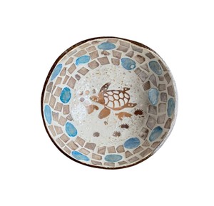 Premium detailed sea turtle and blue tile <b>mosaic</b> art on this Mother of pearl coconut bowl high end botanical aesthetic decor - Product Image 2
