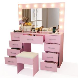 Macaron 9 Drawer Dressing Table Set with 12 Tri-Color LED Light Bulbs Particleboard & Melamine Finish <b>Makeup</b> <b>Vanities</b> - Product Image 2