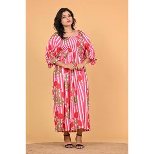 Robe longue maxi bohème en coton indien à imprimé floral pour femmes, robe de soirée d'été à manches longues smockées - Product Image 2