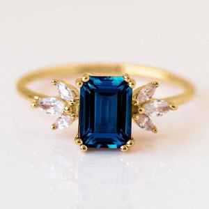 London Blue Topaz Wedding Bridal Ring Halo Emerald Cut London Blue Topaz Anniversary Ring Gift For Her - Product Image 1