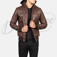 Veste en cuir marron foncé pour homme, style bomber décontracté, fermeture éclair, coupe ajustée, en cuir d'agneau véritable, avec capuche.