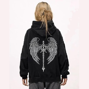 Sudadera con Capucha Aicd Wash con Estampado Gráfico Gótico, Sudadera Oversize con Estampado de Calavera y Alas, Estilo Grunge, Corte Casual - Product Image 3