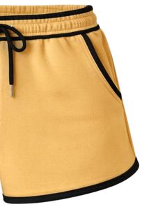 Shorts en molleton de coton personnalisés pour femme, jaune moutarde avec contraste noir, taille élastique, décontracté, été, sport, détente - Product Image 4