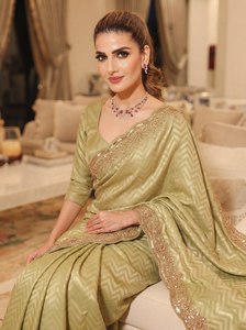Elegant Olive <b>Green</b> <b>Silk</b> Saree With Embroidered Border Wedding Formal Wear For Women India Pakistan Style - Product Image 4