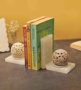 Porte-livres décoratifs en marbre blanc de luxe, style Art Déco, gravés, avec bougeoirs en albâtre et support floral LED pour la décoration intérieure - Product Image 3