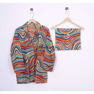 ชุดนอนลำลองผ้าฝ้ายสำหรับผู้หญิง ลายพิมพ์บล็อกดอกไม้ เสื้อและกางเกงขายาว ชุดนอนฤดูร้อน ชุดนอนยาวถึงข้อเท้า - Product Image 3