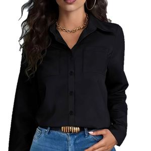 Chemise à manches longues boutonnée pour femme, haut de bureau décontracté, col à revers, poche poitrine, couleur unie - Product Image 1