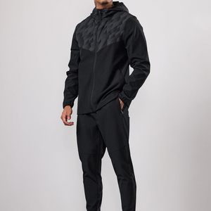 Men's Black Hooded Tracksuit Full <b>Zip</b> Geometric Pattern Sporty Casual Wear With Side Pockets Regular Fit Autumn Style - Product Image 4