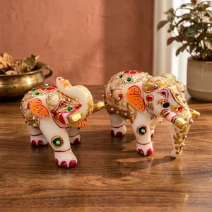 Ensemble de figurines d'éléphants en pierre de quartz blanc polie, fabriquées à la main, avec gaufrage doré, décoration d'intérieur - Product Image 6