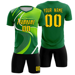 Conjunto de Uniforme de Fútbol Personalizado por Sublimación, Color Verde, Cuello en V, Diseño de Ondas Dinámicas, Uniforme de Fútbol para Hombre, Secado Rápido - Product Image 1