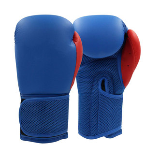 Gants de boxe d'entraînement en cuir bleu pour perfectionnistes, accents rouges, évacuation de l'humidité, maille respirante, fermeture auto-agrippante, unisexe - Product Image 1