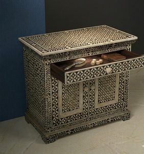 Buffet en bois massif avec incrustations en os, fait main, écologique, console de rangement à deux portes, style antique industriel, meuble de salon - Product Image 3