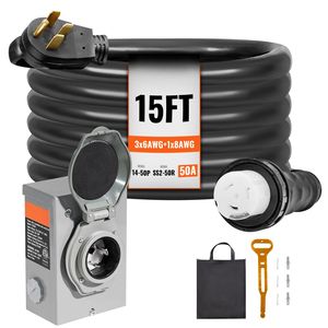 Kit Cavo di Alimentazione per Generatore NEMA 14-50P/SS2-50R STW 6/3+8/1 AWG, Scatola di Ingresso con Connettore Twist Lock da 50 Amp, 15 Piedi, per Sistemi Elettrici RV - Product Image 2