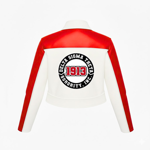 Delta |   Sigma |   Blouson en cuir PU pour femme Theta Sorority, coupe courte et ajustée, style motard, accessoires grecs - Product Image 3
