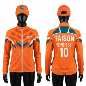 เสื้อแจ็คเก็ตฝึกซ้อมฟุตบอลหญิง 240 GSM ผ้าโพลีเอสเตอร์อินเตอร์ล็อค ระบายอากาศได้ดี สีส้ม ขาว เขียวอมฟ้า แบบแผง  รับสกรีนลายแบบ Heat Transfer - Product Image 1