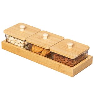 Plateau de service carré en bambou écologique classique personnalisé, bols en céramique, couvercles en bois, plateau de service multi-compartiments pour en-cas - Product Image 2