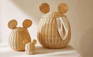 Handmade Rattan Mouse Ear Storage <b>Basket</b> <b>with</b> <b>Lid</b> Natural Woven Organizer for Kids Room Toy Storage and Nursery Decor - Product Image 4