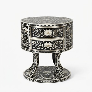 Table basse personnalisable en os incrusté noir et blanc, table d'appoint ronde à accents floraux avec 2 tiroirs, vente en gros, salon indien - Product Image 1