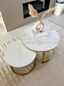 Mesas de centro redondas de piedra sinterizada de lujo moderno con marco de metal dorado, mesas nido para decoración de sala de estar y muebles para el hogar - Product Image 5