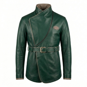 Wholesale Factory Men Emerald Green Genuine Leather Belted Wrap Jacket Darkry Custom Safari <b>Trench</b> Coat Outerwear - Product Image 1
