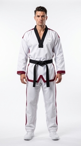 Uniforme de Taekwondo Blanco Unisex con Ribete Borgoña y Cinturón Negro, Ropa Duradera de Artes Marciales para Entrenamiento - Product Image 3