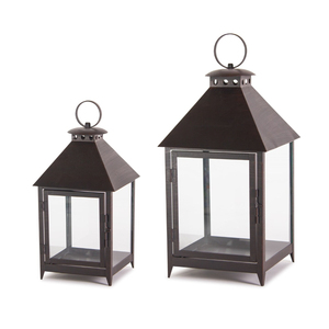 <b>Set</b> Of 2 Black Iron & Glass Geometric Floor <b>Lantern</b> Candle Holders Indoor Outdoor Metal <b>Lantern</b> <b>Set</b> Classic & Modern Home Decor - Product Image 1