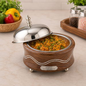 Casserole en bois avec incrustation de nacre, artisanat Marvel |   Bol intérieur en acier inoxydable |   Bol de service alimentaire haut de gamme |   Luxe - Product Image 3