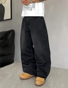 New Fashion Custom Streetwear Canvas <b>Button</b> <b>Fly</b> Straight Knitted <b>Jeans</b> Men Distressed Faded Oversized Hip Hop - Product Image 5