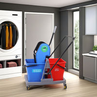 Chariot de nettoyage de sol en plastique à double compartiment, écologique, avec essoreuse et roues, pour usage commercial en intérieur