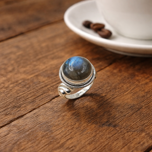 Natural Labradorite Gemstone <b>Ring</b> 925 Sterling <b>Silver</b> Handmade <b>Statement</b> <b>Ring</b> Round Cabochon Boho Vintage Jewelry Gift for Men - Product Image 1