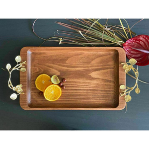 Bandeja rectangular de madera para servir con asas de hoja de oro, plato decorativo de madera maciza para mesa de café y hoteles - Product Image 1