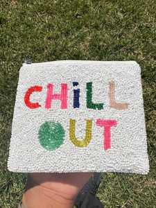 Bolso Rectangular de Algodón Bordado a Mano con Cuentas, Diseño Floral con Texto 'Chill Out', Cierre de Cremallera Blanco - Product Image 6