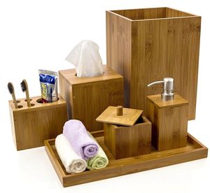 Bamboo <b>Bathroom</b> <b>Accessories</b> Set 7 Piece Modern Square Organizer Tray Tissue Holder Soap Dispenser Toothbrush Holder - Product Image 1